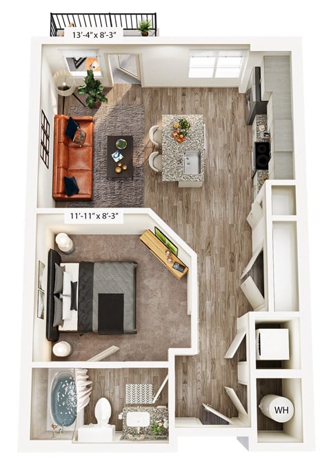 Floor plan for 1 bed, 1 bath, 605 sqft